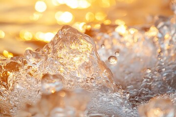Crystal-clear ocean wave breaking under golden sunset sky.
