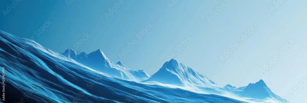 Poster mountain range under clear blue sky with smooth, flowing waves of snow reflecting sunlight. generati