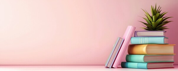 Trendy cartoon-style bookshelf with pastel tones cozy home office digital illustration minimalist vibe creative inspiration