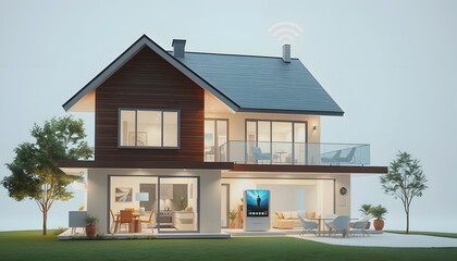smart home - smarthome technology illustrated by . Modern two-story house equipped with Wi-Fi connectivity and smart appliances , with white tonespng