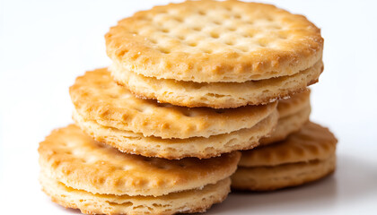 Close up on butter biscuits resting on white background, no people are visible.
