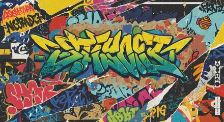 Vibrant urban graffiti art collage blending colors and styles with bold textures