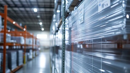 Obraz premium A medium closeup of stacked smart glass panels in a wellorganized storage area of the manufacturing facility. The panels gleam in the overhead light each labeled with identifiers for