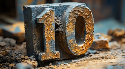 A dirty, rusted, and worn out number 10 is sitting on a pile of dirt
