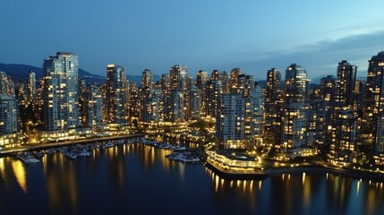 Naklejka premium Nighttime cityscape illuminated with bright building lights and a calm harbor view