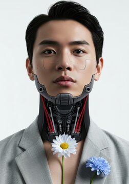 Futuristic human cyborg with floral touch: technology and nature fusion
