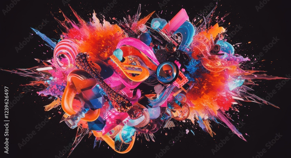 Poster vibrant abstract explosion of colorful geometric shapes in dynamic motion