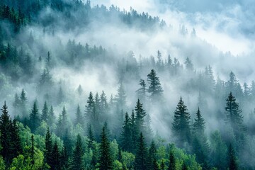 Mystical fog rolling through ancient pine forest.