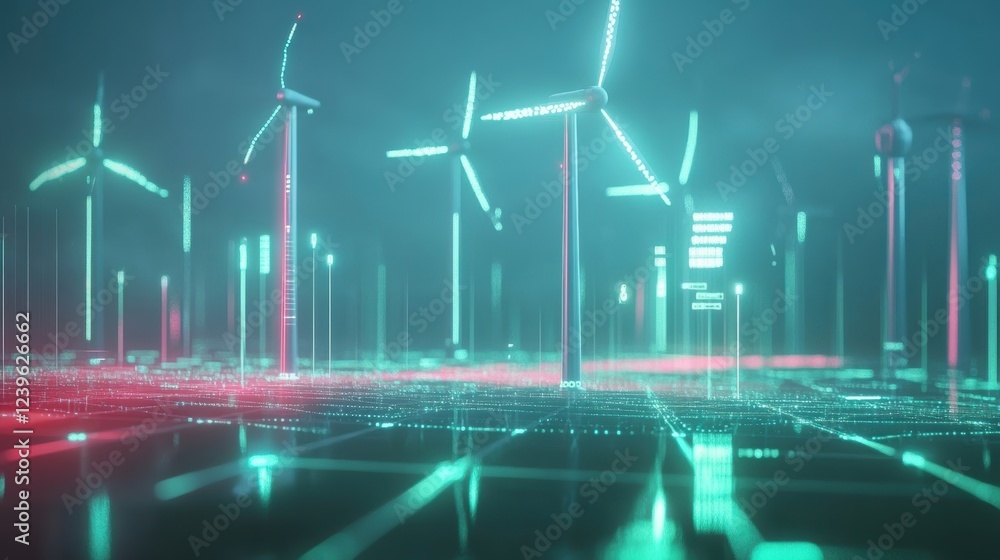 Poster futuristic wind farm generating renewable energy in a smart city, visualized with glowing digital gr