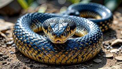 Obraz premium Close-up of a dark blue snake coiled, head in focus.