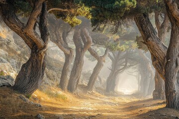 Mystical fog rolling through ancient pine forest.