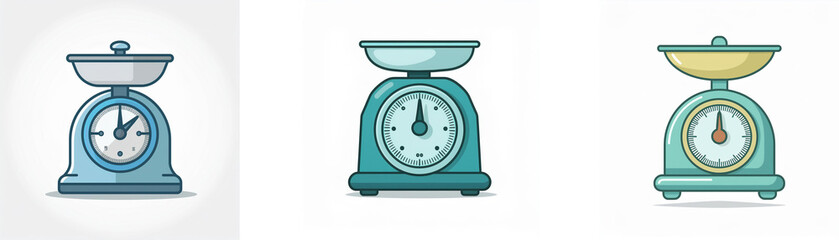 Three vintage kitchen scales in varying shades of teal and blue, showcasing classic design and functionality.  Precise measurement, weight, balance, cooking.