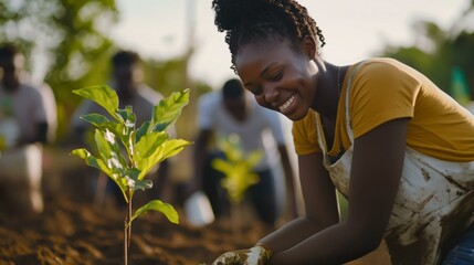  Smiling woman planting a tree for Earth Day celebration in a community garden, promoting environmental awareness