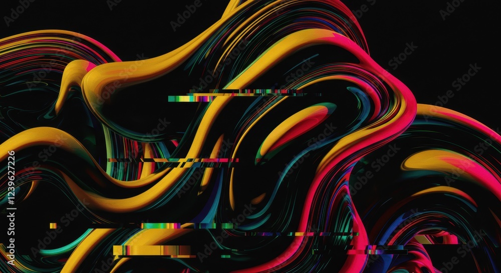 Poster vibrant abstract digital art with dynamic colorful waves and glitch effects