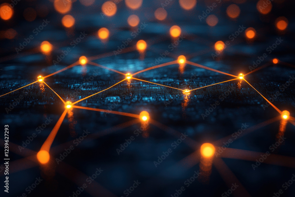 Poster an abstract visualization of a network structure, where bright orange dots are connected by thin lin