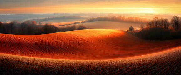 Vibrant Orange Sunset Over Rolling Hills and Fields