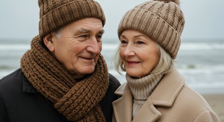 Elderly couple enjoying winter beach outing in cozy knitwear