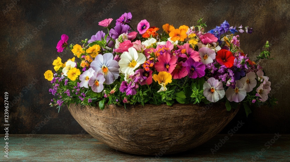 Poster a beautiful wooden bowl filled with an array of colorful flowers, highlighting nature vivid hues aga