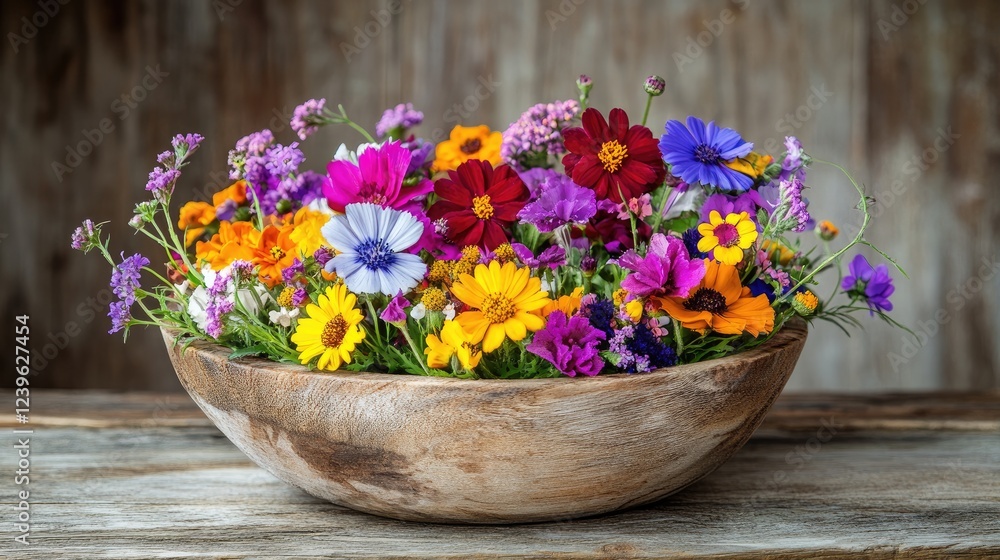 Poster a beautiful wooden bowl filled with an array of colorful flowers, highlighting nature vivid hues aga