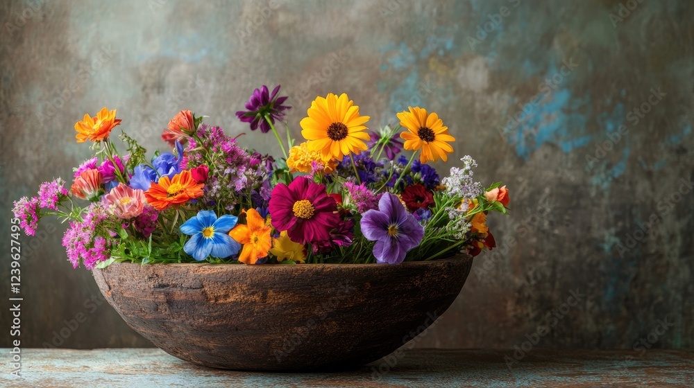 Poster a beautiful wooden bowl filled with an array of colorful flowers, highlighting nature vivid hues aga