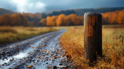 Obraz premium A road with a wooden post in the middle of it