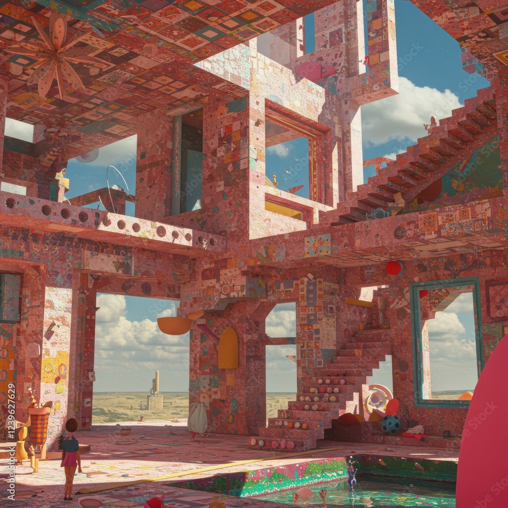 Poster vibrant abstract architecture with mosaic patterns and surreal elements in open space