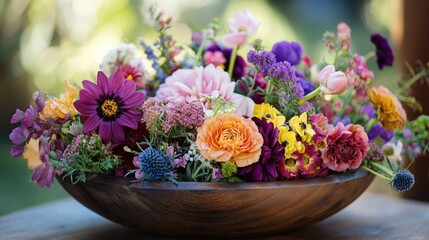 Obraz premium A beautifully arranged wooden bowl filled with an array of colorful flowers, bringing rustic elegance and natural beauty into a peaceful, serene setting.