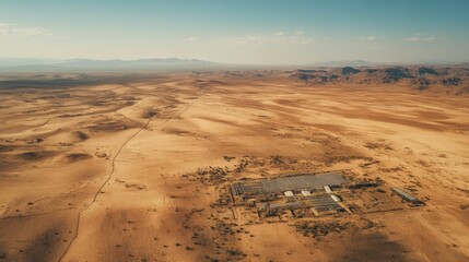 A bird's-eye view of greenhouse ruins in an expansive desert, with parched earth, scattered vegetation, and the distant horizon of sand dunes under a clear sky.