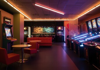 Retro arcade room with neon lighting and vintage gaming machines