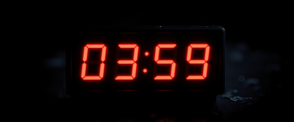 Digital alarm clock displaying 03:59 in bright red numbers creating a tense atmosphere signaling the end of night and the approach of Daylight Saving time