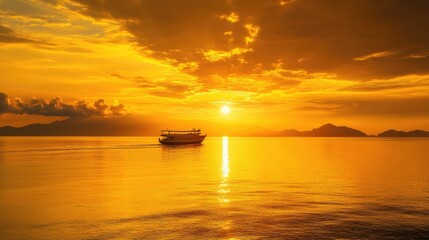 A breathtaking golden sunrise over the peaceful sea, with a passenger vessel beginning its journey along the vibrant coast.