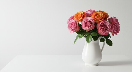 Fototapeta premium Vibrant pink and orange roses in elegant white vase on minimalist table