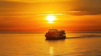 Fototapeta premium A breathtaking golden sunrise over the peaceful sea, with a passenger vessel beginning its journey along the vibrant coast.