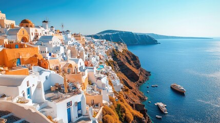 Obraz premium A breathtaking high-angle view of Oia, Santorini, where the iconic whitewashed buildings cascade down the cliffside, framed by the deep blue of the Aegean Sea and clear skies.