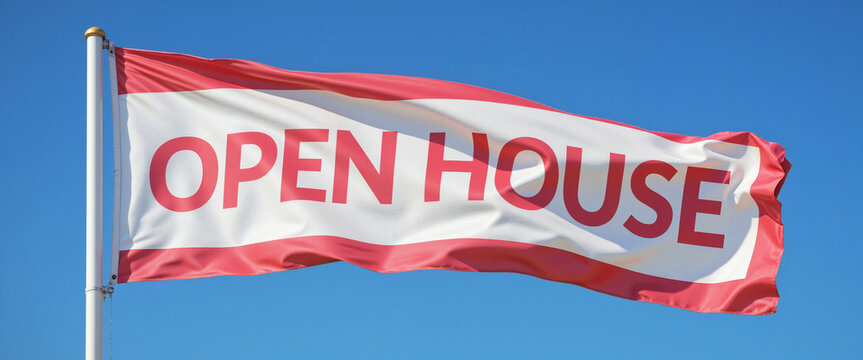 Open House Flag Waving Under Clear Blue Sky Conveying Invitation and Excitement to Attend School Open Houses