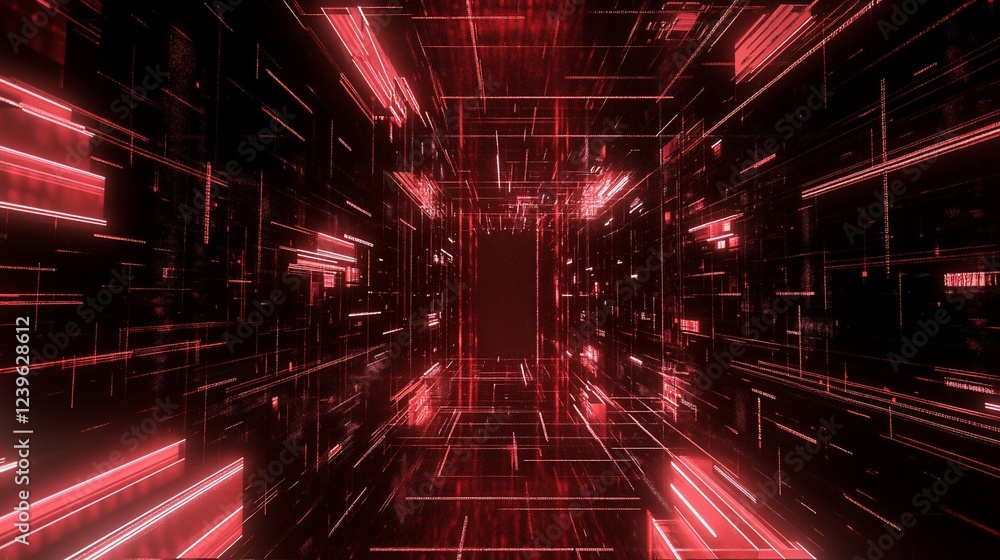 Poster Futuristic red digital hallway, perspective design with technological effect