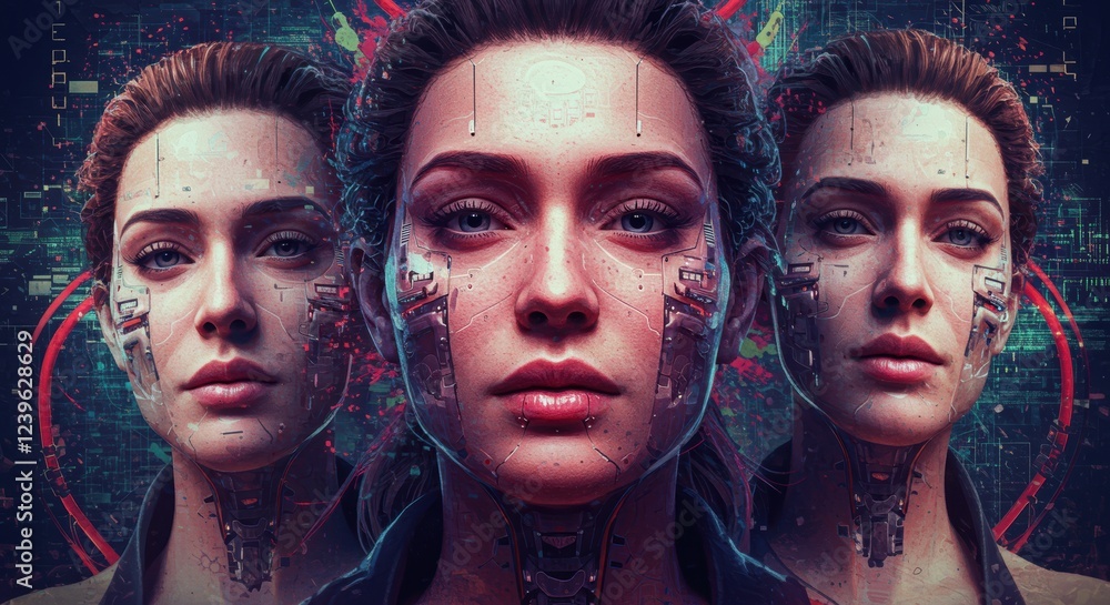Poster futuristic female androids with technological face modifications in sci-fi setting