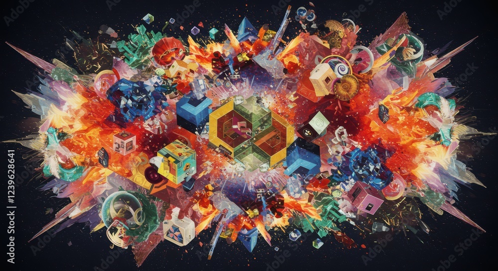 Poster explosive abstract geometric explosion with colorful 3d shapes and patterns