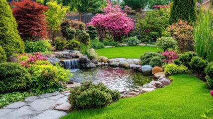 Fototapeta premium Serene Garden Waterfall Pond Landscape Design