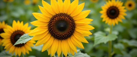 Obraz premium Vibrant sunflowers in full bloom with striking yellow petals and deep brown centers conveying a cheerful and uplifting atmosphere in a lush green field