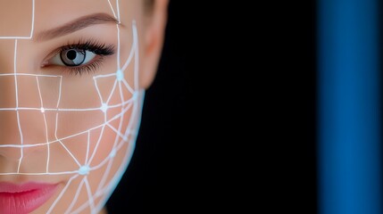 Close-up of a woman's face with digital facial mapping technology highlighting features against a dark background