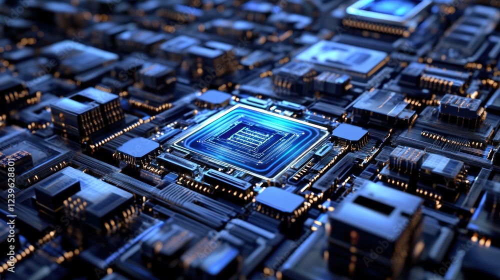 Poster detailed close-up of a luminous circuit board with complex pathways and connections