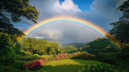 Naklejka premium A breathtaking rainbow arcs across a lush park, showcasing nature vibrant colors against a peaceful natural backdrop.