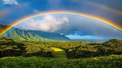 Obraz premium A breathtaking rainbow arcs across a lush park, showcasing nature vibrant colors against a peaceful natural backdrop.
