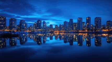 Obraz premium A breathtaking view of a metropolitan skyline lit up at blue hour, with vibrant city lights reflecting in a tranquil harbor, offering a peaceful yet vibrant urban scene