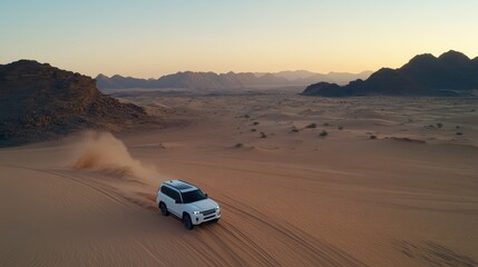 White SUV Driving Through Sandy Desert Landscape at Sunset with Mountain Silhouette in Background