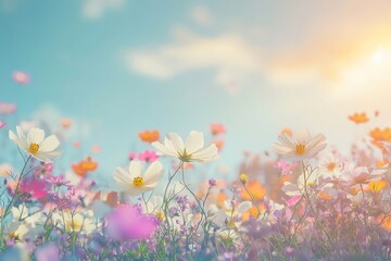 Wildflowers blooming in vibrant spring meadow under blue sky.