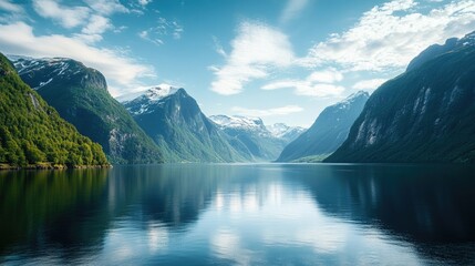 A breathtaking view of a Norwegian fjord, where majestic mountains meet serene waters, showcasing the stunning beauty of Norway natural landscapes.