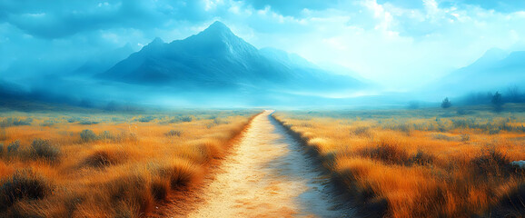 Serene Path Leading to Misty Blue Mountains