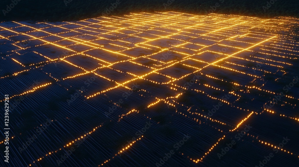 Poster illuminated grid pattern glowing across a dark landscape with a technological feel